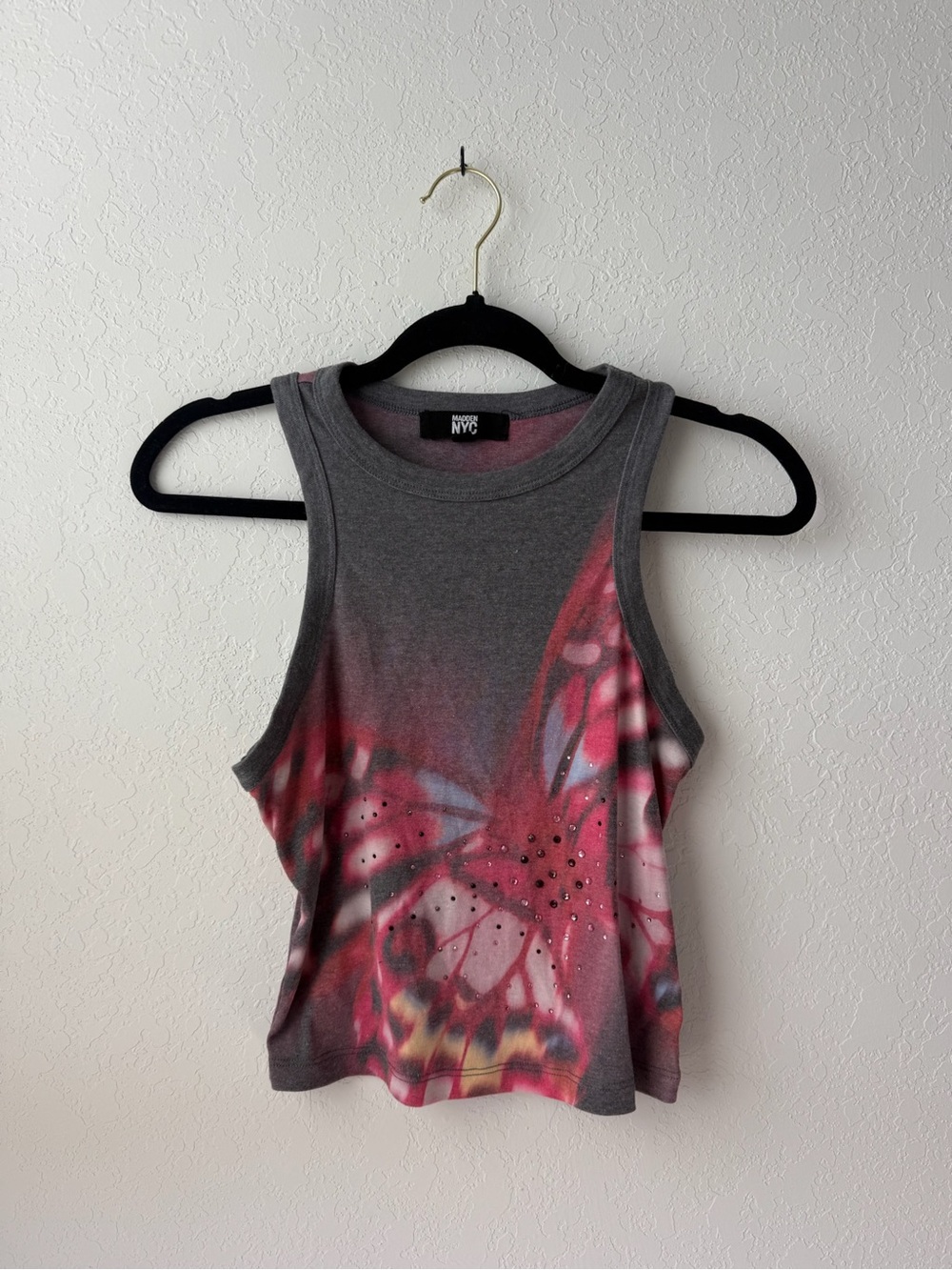 NYC Gray Tank Top with Pink Butterfly Design